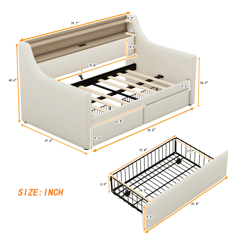 Twin Size Daybed with Storage Drawers Upholstered Daybed with Charging Station and LED Lights Beige