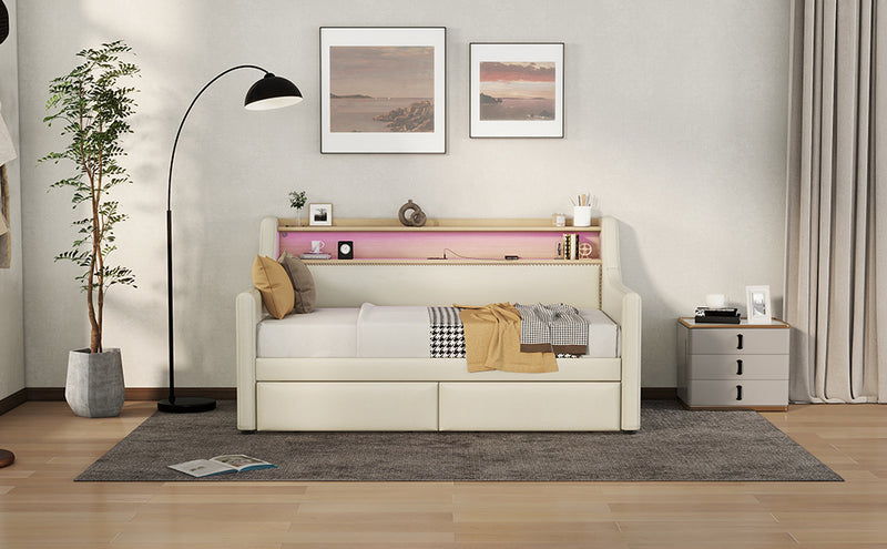 Twin Size Daybed with Storage Drawers Upholstered Daybed with Charging Station and LED Lights Beige