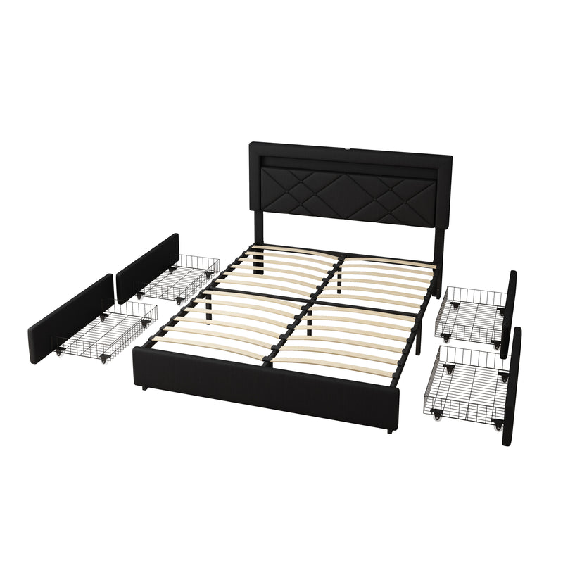 Queen Size Bed Frame with LED Lights USB Charging Station Black Textured Paint Bed Frame Black