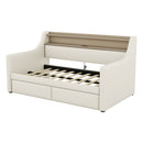 Twin Size Daybed with Storage Drawers Upholstered Daybed with Charging Station and LED Lights Beige