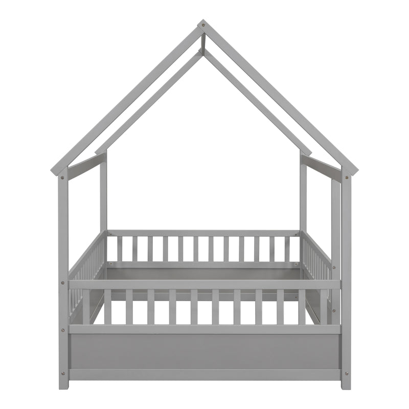 Full Size Floor Wooden Bed with House Roof Frame Fence Guardrails Grey