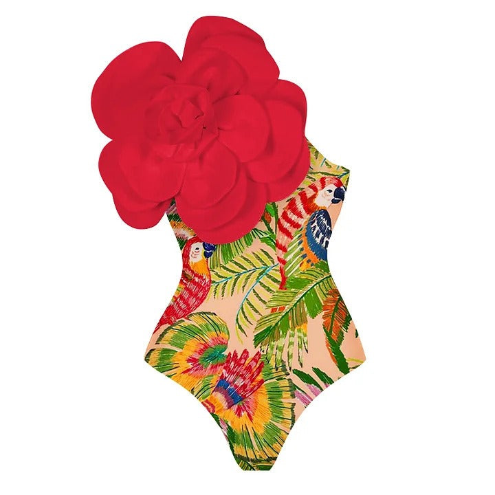 One-piece swimsuit for women 3D large flower decorative print swimsuit