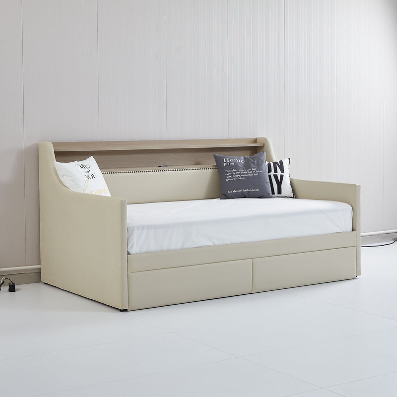 Twin Size Daybed with Storage Drawers Upholstered Daybed with Charging Station and LED Lights Beige