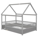 Full Size Floor Wooden Bed with House Roof Frame Fence Guardrails Grey