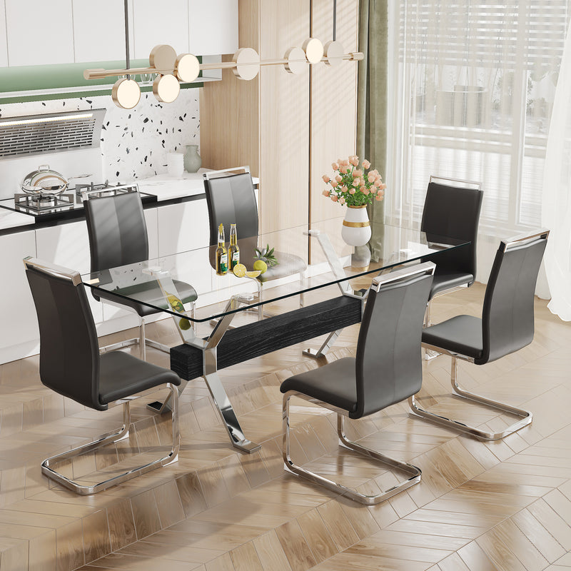 Dining table Modern tempered glass dining table Large modern office desk with silver plated metal legs and MDF crossbars