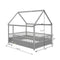 Full Size Floor Wooden Bed with House Roof Frame Fence Guardrails Grey