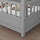 Full Size Floor Wooden Bed with House Roof Frame Fence Guardrails Grey