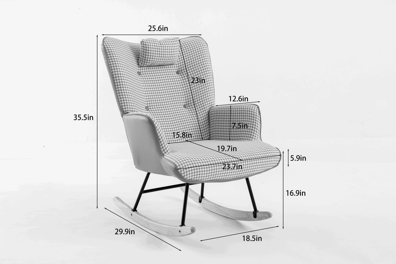 35.5 inch Rocking Chair Soft Houndstooth Fabric Leather Fabric Rocking Chair (light grey)