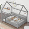 Full Size Floor Wooden Bed with House Roof Frame Fence Guardrails Grey