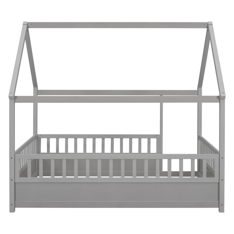 Full Size Floor Wooden Bed with House Roof Frame Fence Guardrails Grey