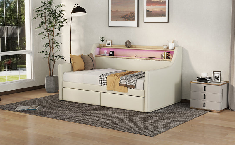 Twin Size Daybed with Storage Drawers Upholstered Daybed with Charging Station and LED Lights Beige