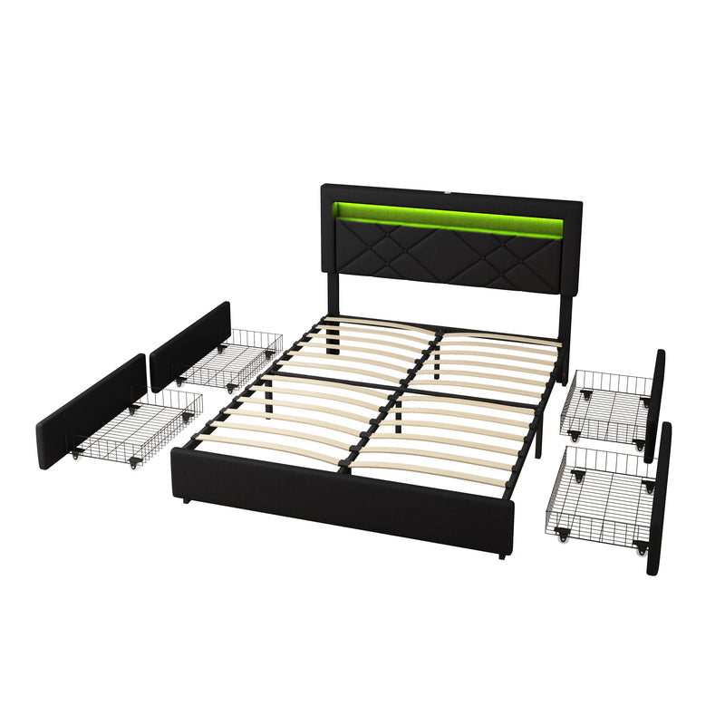 Queen Size Bed Frame with LED Lights USB Charging Station Black Textured Paint Bed Frame Black