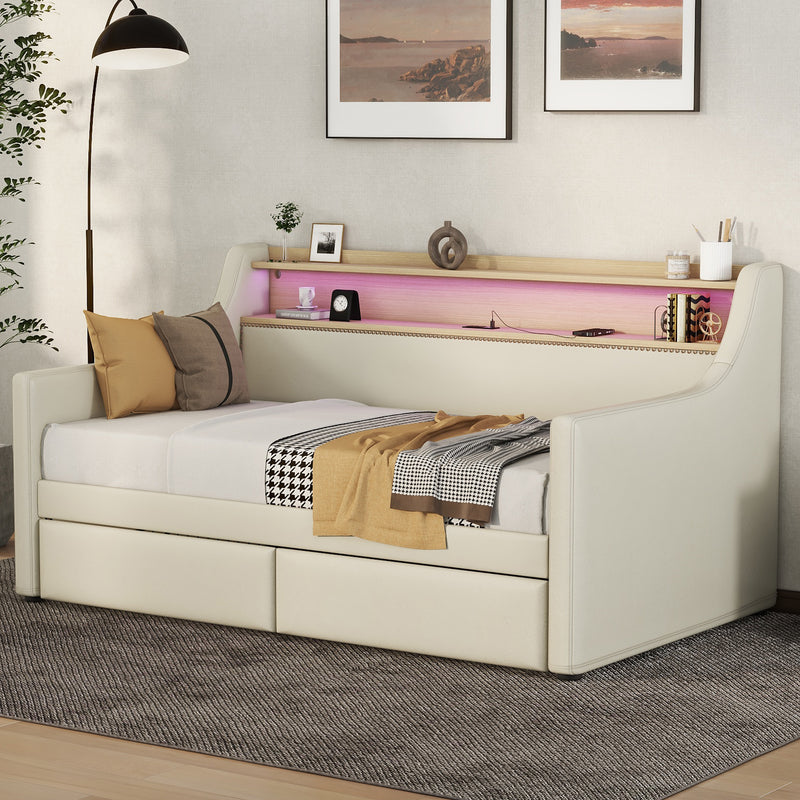 Twin Size Daybed with Storage Drawers Upholstered Daybed with Charging Station and LED Lights Beige