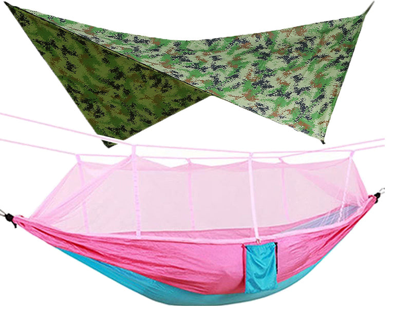 260x140cm Outdoor Double Camping Hammock with Mosquito Net and Rain Fly Tarp Lightweight Parachute Hammocks for Travel Hiking