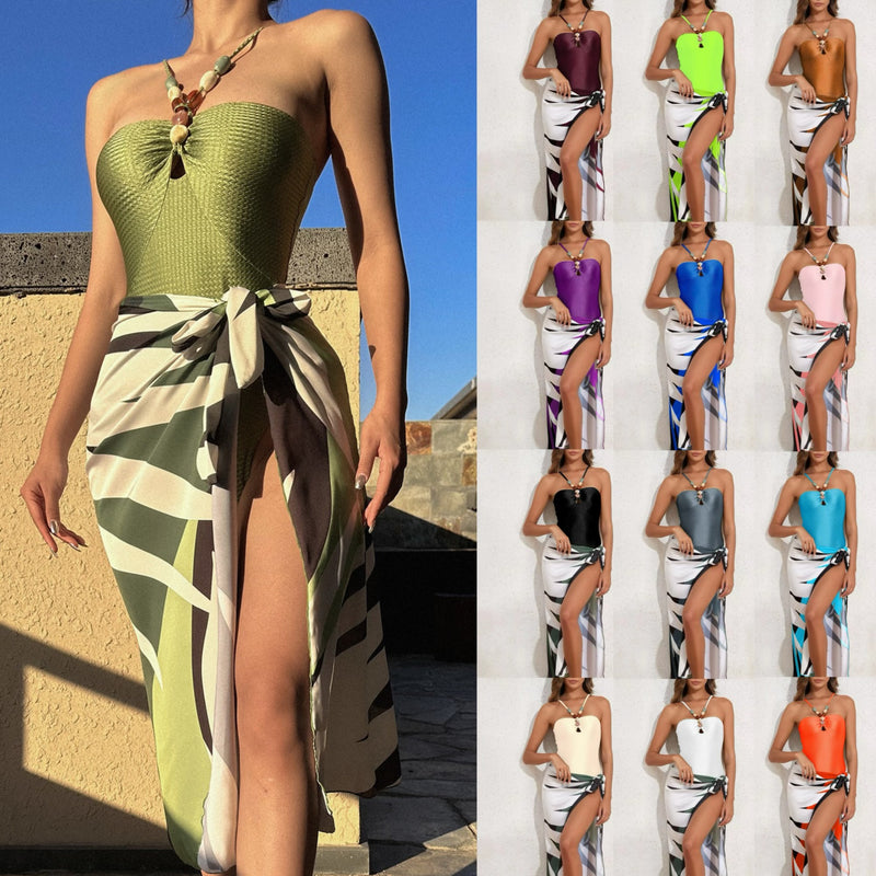 Women's one-piece swimsuit multi-color hollow gem suspender French two-piece long skirt swimsuit bikini