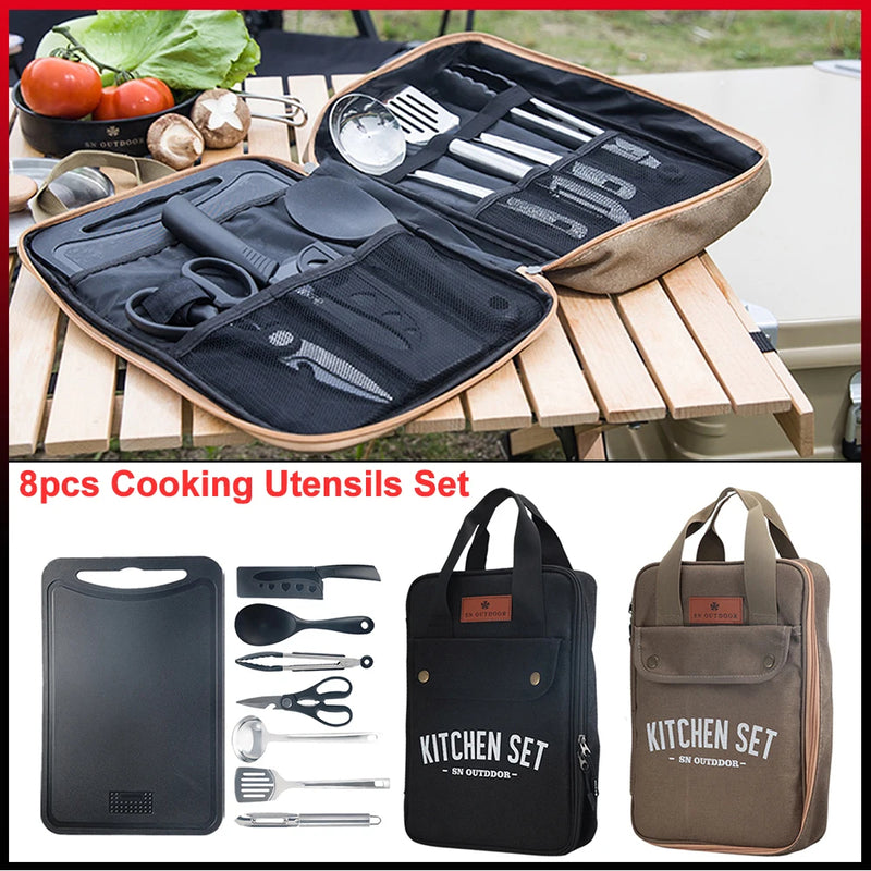 Camping Kitchen Set 8pcs Camping Outdoor Cookware Kit Stainless Steel Camping Tool Travel Set And Utensil Organizer Storage bag