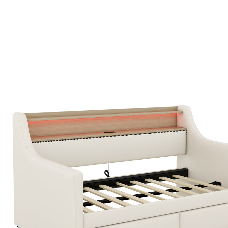 Twin Size Daybed with Storage Drawers Upholstered Daybed with Charging Station and LED Lights Beige