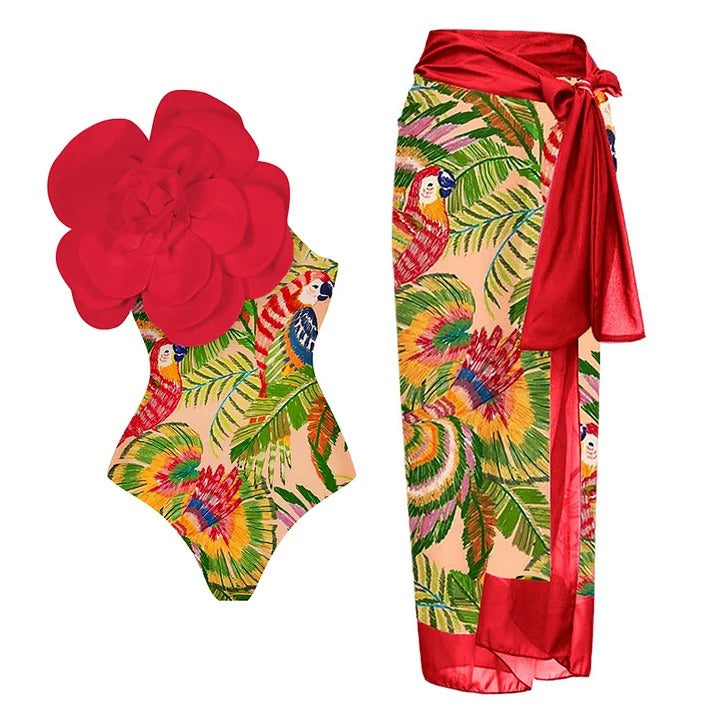 One-piece swimsuit for women 3D large flower decorative print swimsuit