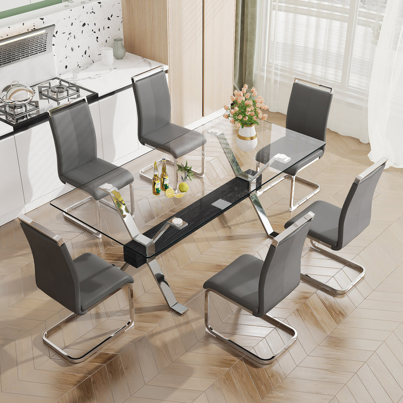 Dining table Modern tempered glass dining table Large modern office desk with silver plated metal legs and MDF crossbars