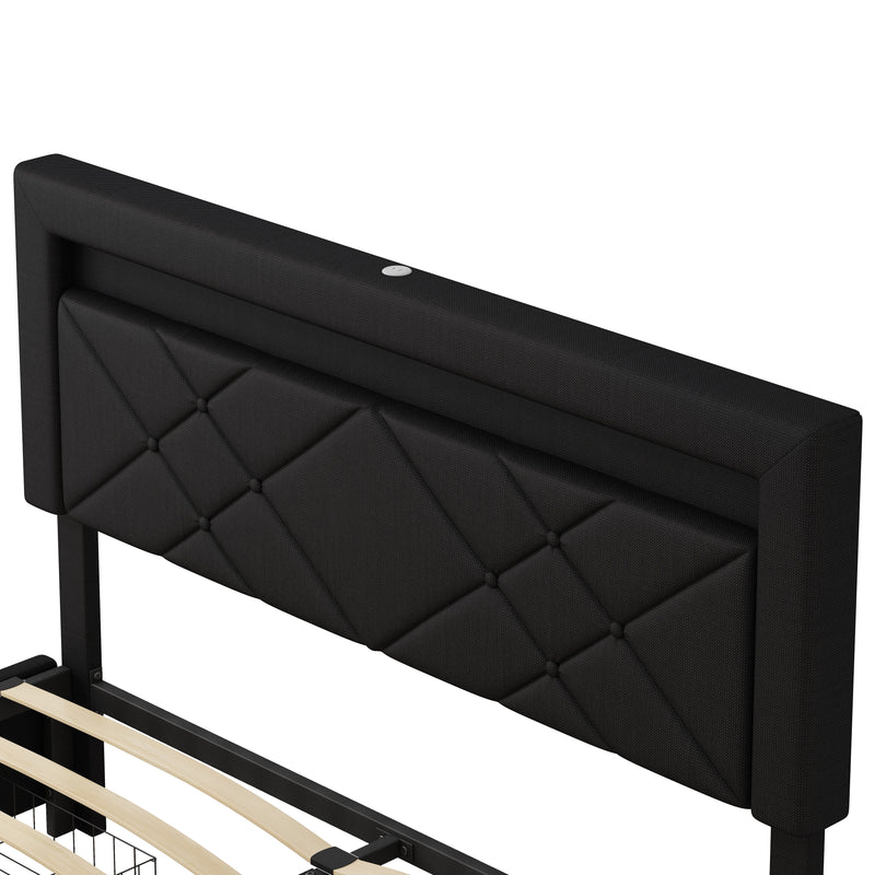 Queen Size Bed Frame with LED Lights USB Charging Station Black Textured Paint Bed Frame Black