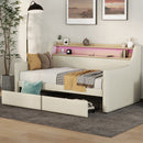 Twin Size Daybed with Storage Drawers Upholstered Daybed with Charging Station and LED Lights Beige