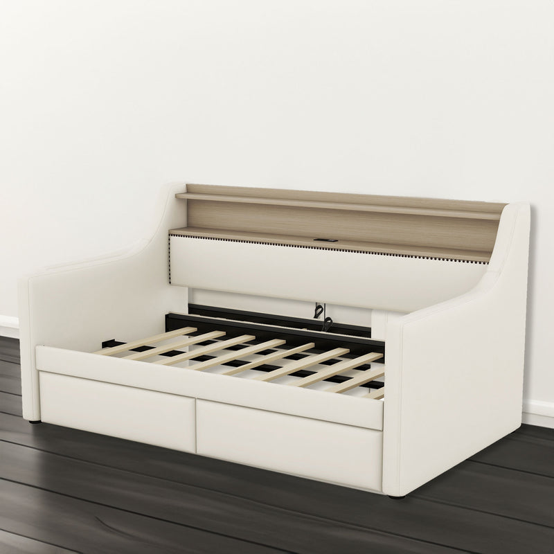 Twin Size Daybed with Storage Drawers Upholstered Daybed with Charging Station and LED Lights Beige