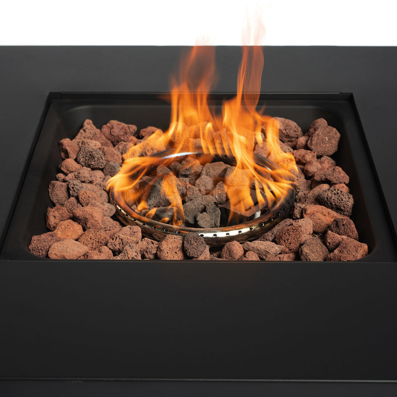 40000BTU Square Propane Fire Pit Table Steel Tabletop with Textilene Side Panel Steel Lid and Rocks