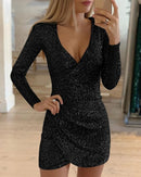 Women Sexy Sequins Glitter V-Neck Dress