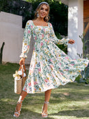 Floral Slash Neck Long Sleeve Summer Dress