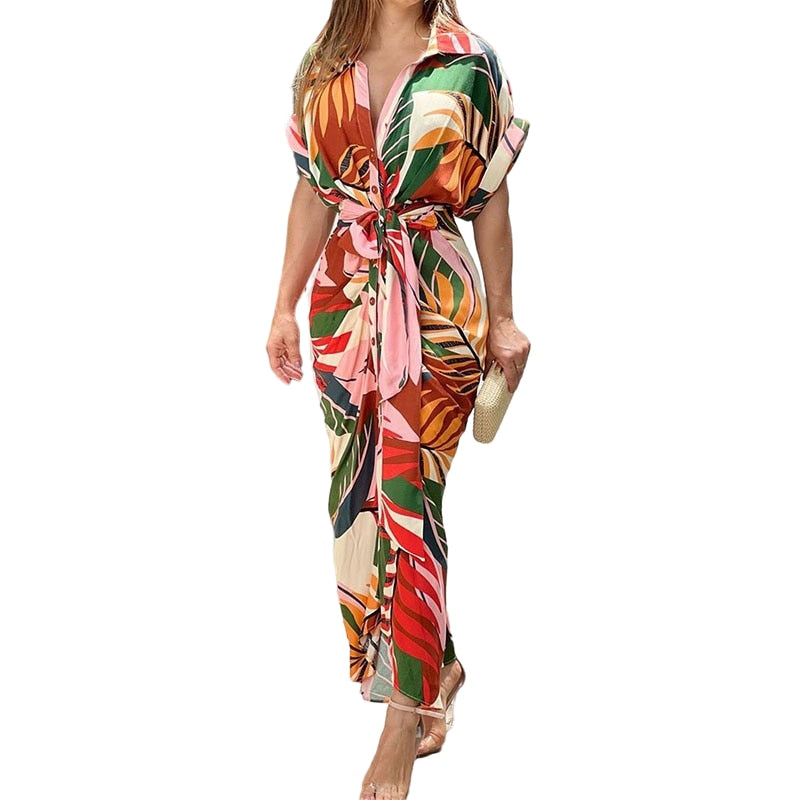 Wefads Women Lapel Tie Leaf Print Midi Dress