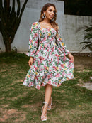 Floral Slash Neck Long Sleeve Summer Dress