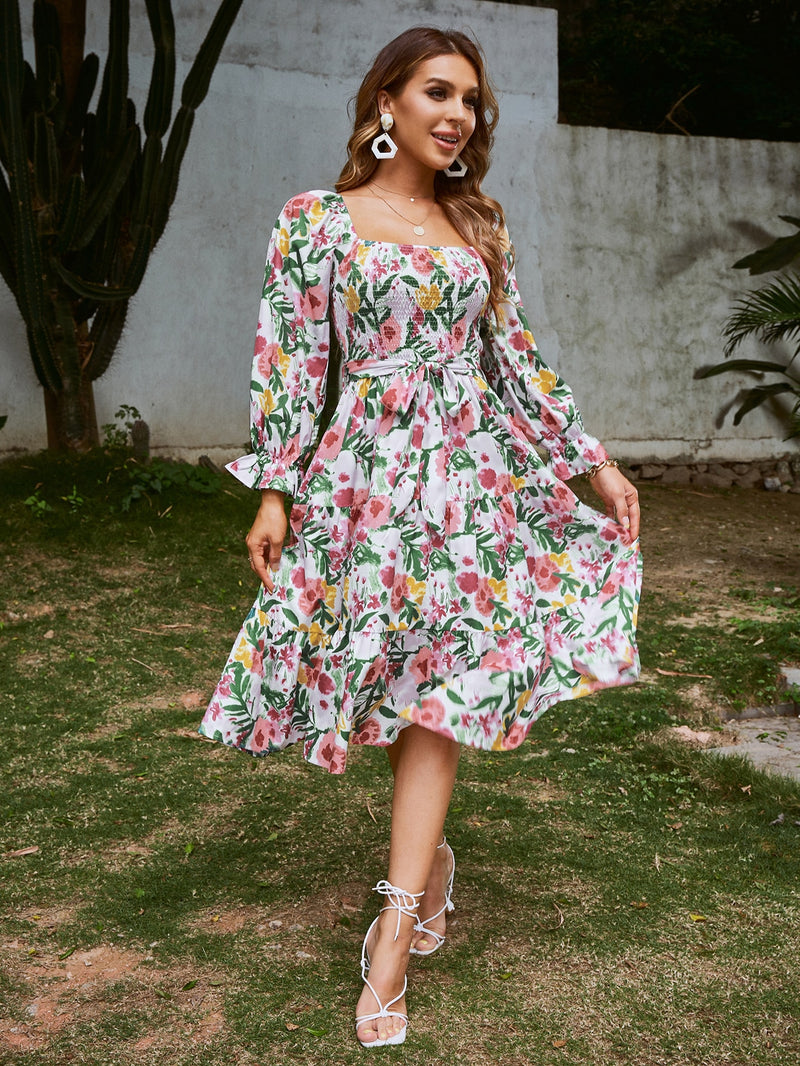 Floral Slash Neck Long Sleeve Summer Dress