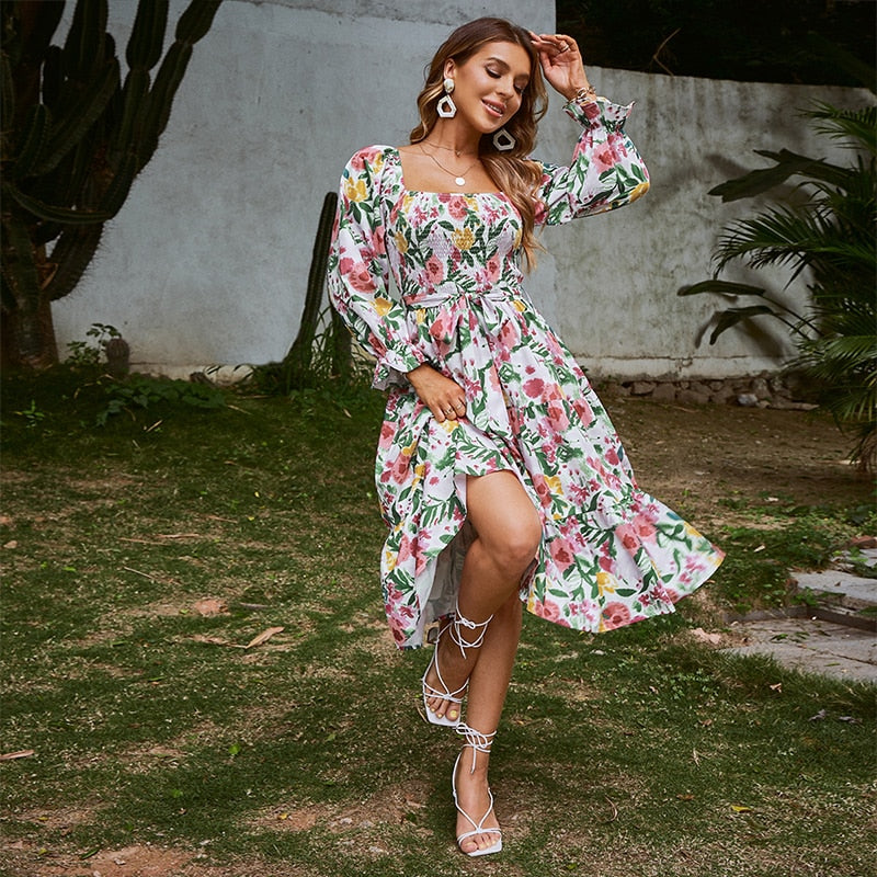 Floral Slash Neck Long Sleeve Summer Dress