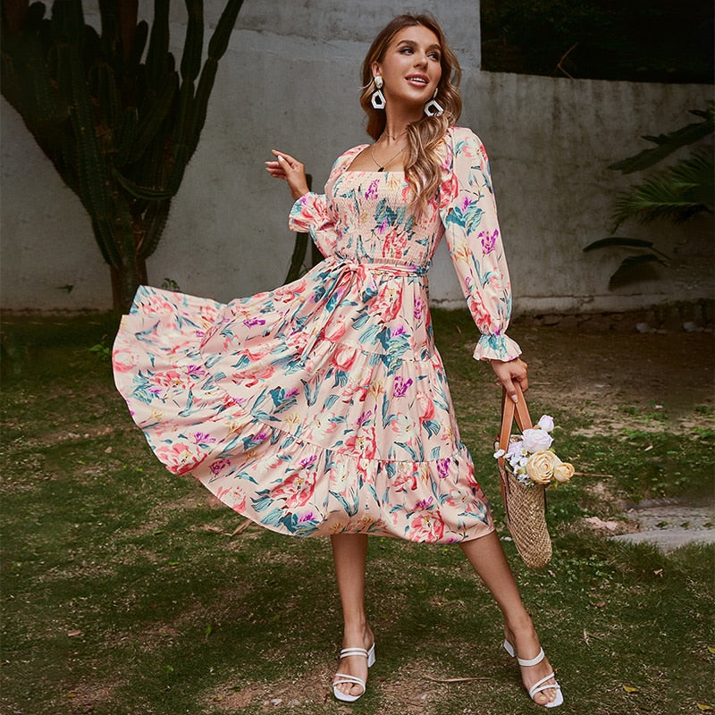 Floral Slash Neck Long Sleeve Summer Dress