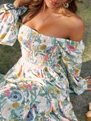 Floral Slash Neck Long Sleeve Summer Dress