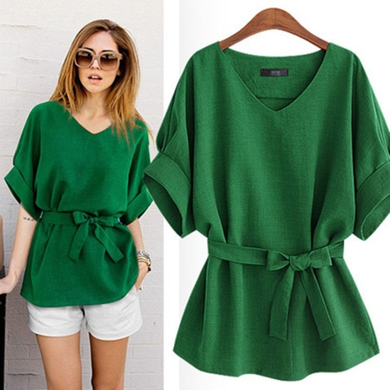 Women's V-Neck Casual Cotton Linen Green Blouses